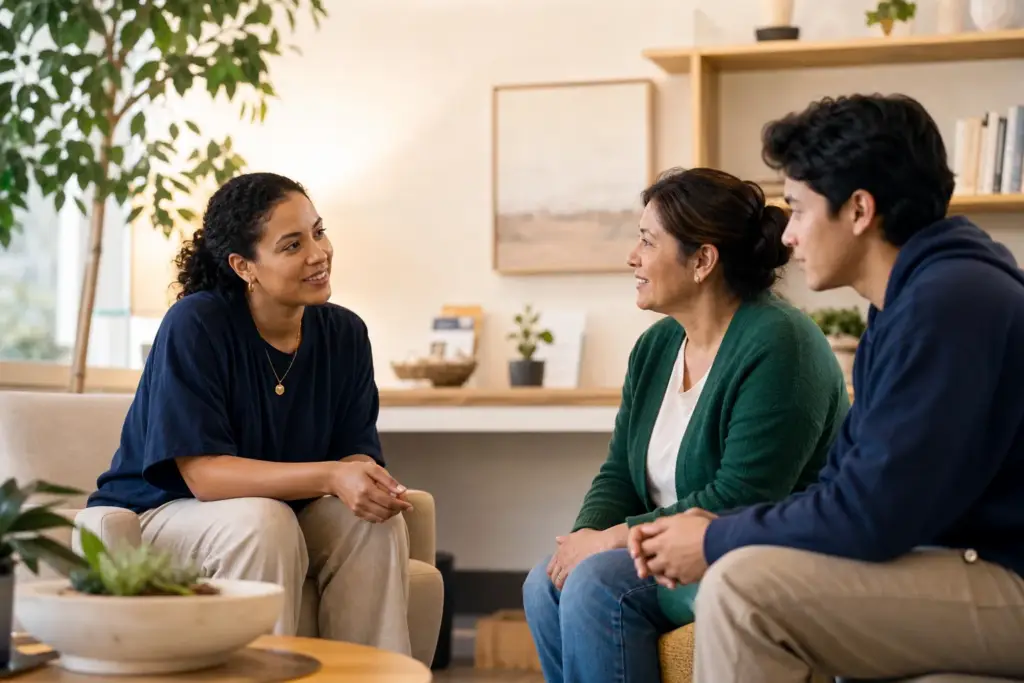 A community coordinator listening to a family in a welcoming support space.