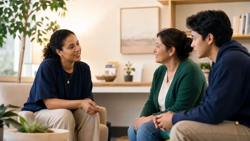 A community coordinator listening to a family in a welcoming support space.
