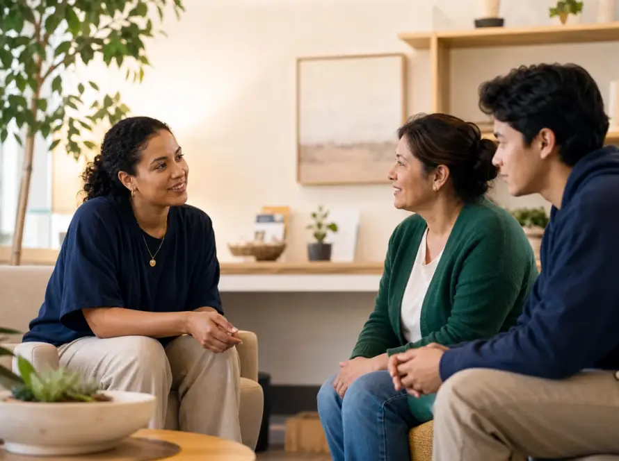 A community coordinator listening to a family in a welcoming support space.