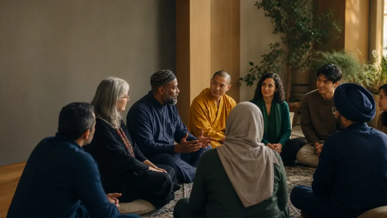 A diverse interfaith community gathered in a circle for respectful dialogue.