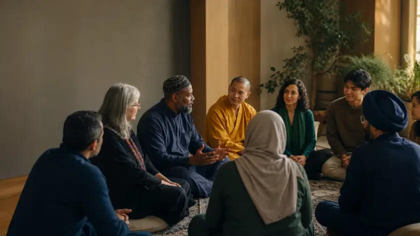 A diverse interfaith community gathered in a circle for respectful dialogue.