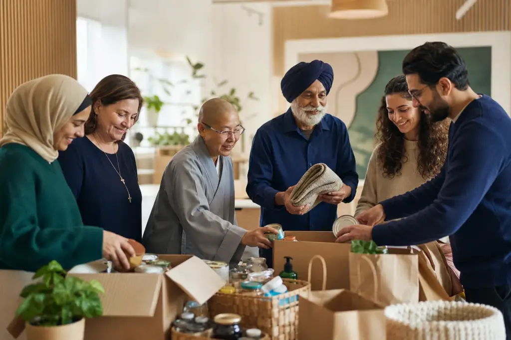 Diverse interfaith volunteers preparing family care packages together.