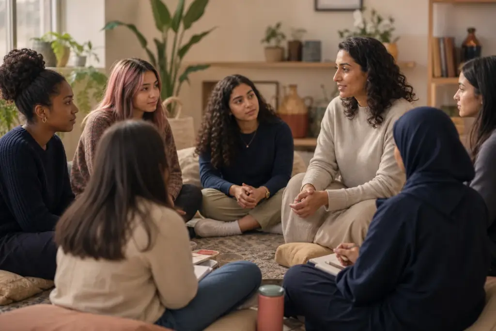 Young people participating in a welcoming wellness and mentorship circle.