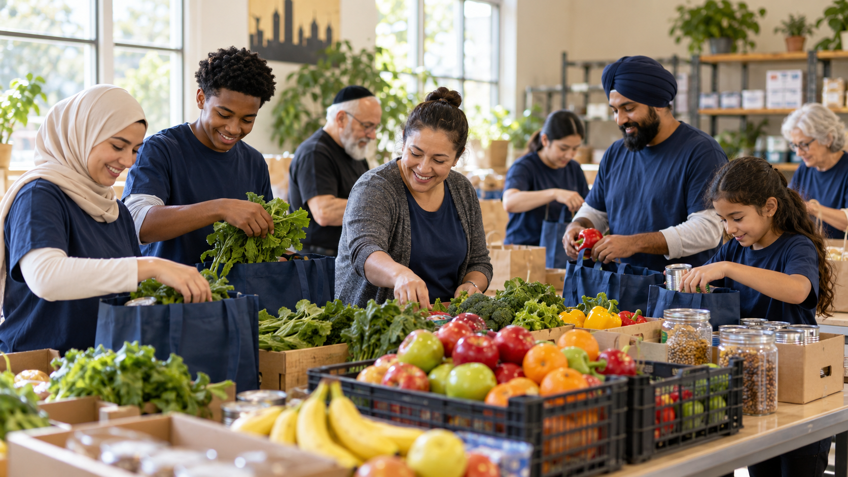 Interfaith volunteers preparing fresh groceries and family care packages at a FoodHC service day.