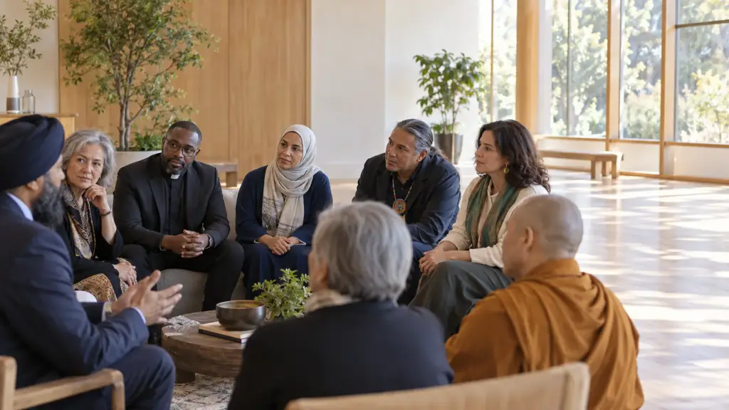 A diverse group of faith and community leaders listening to one another in a respectful dialogue circle.