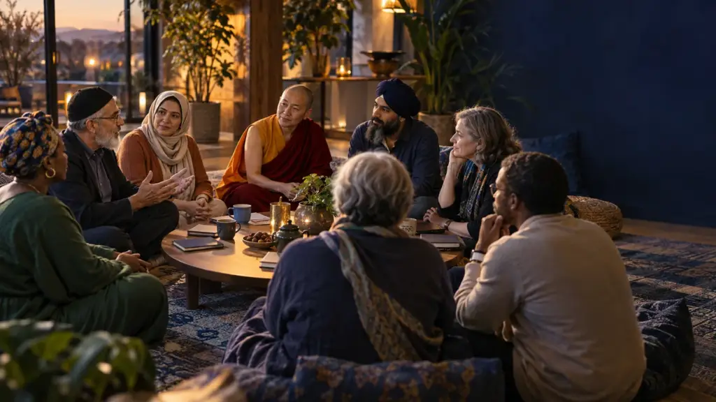 Diverse faith and civic participants listening to one another in a dialogue circle.